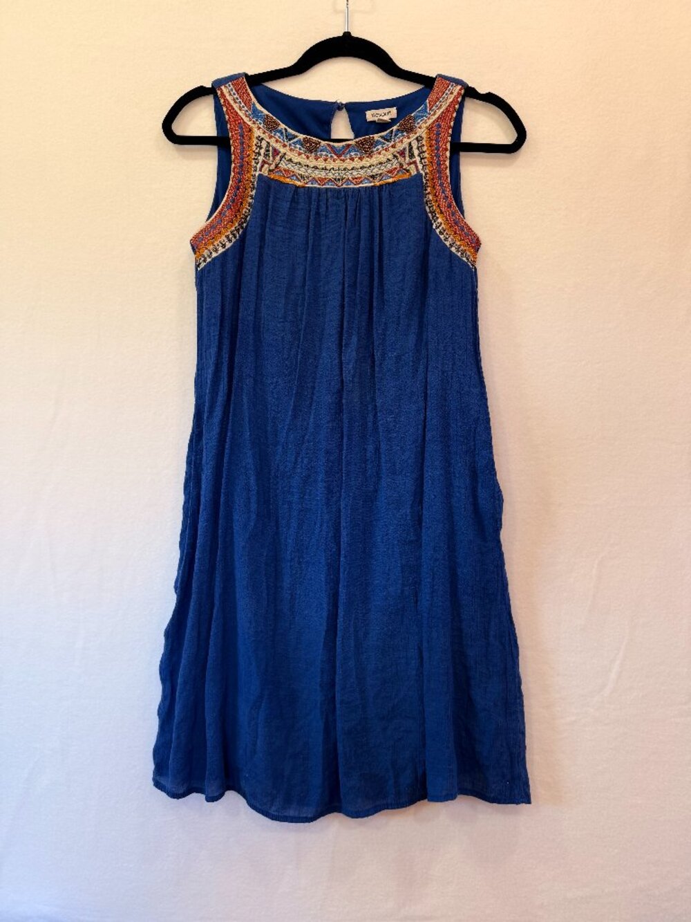 Westport Blue Sleeveless Dress XS • Aztec Beaded Collar • Boho Embroidered